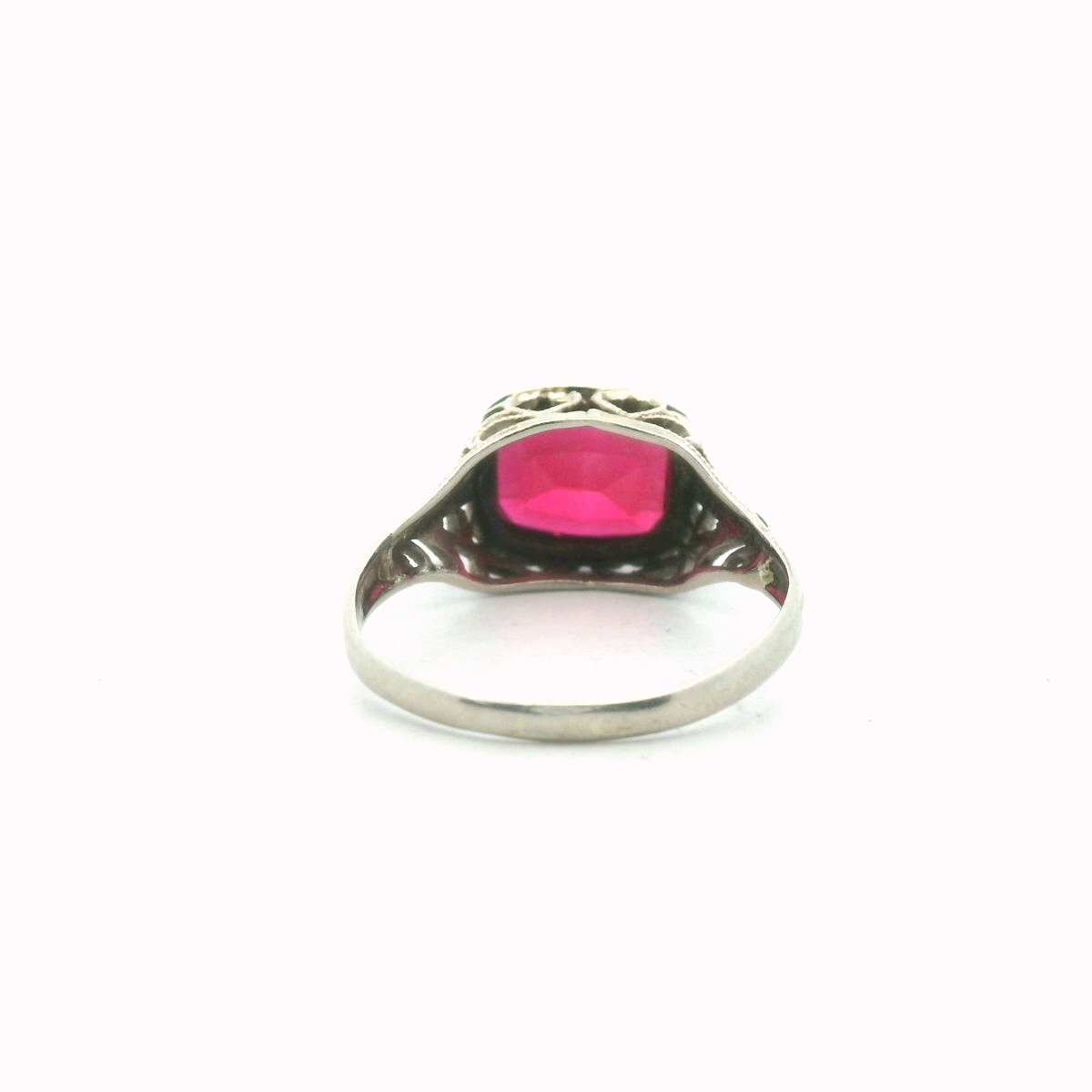 Antique 14K White Gold Lab Created Ruby Filigree Ring