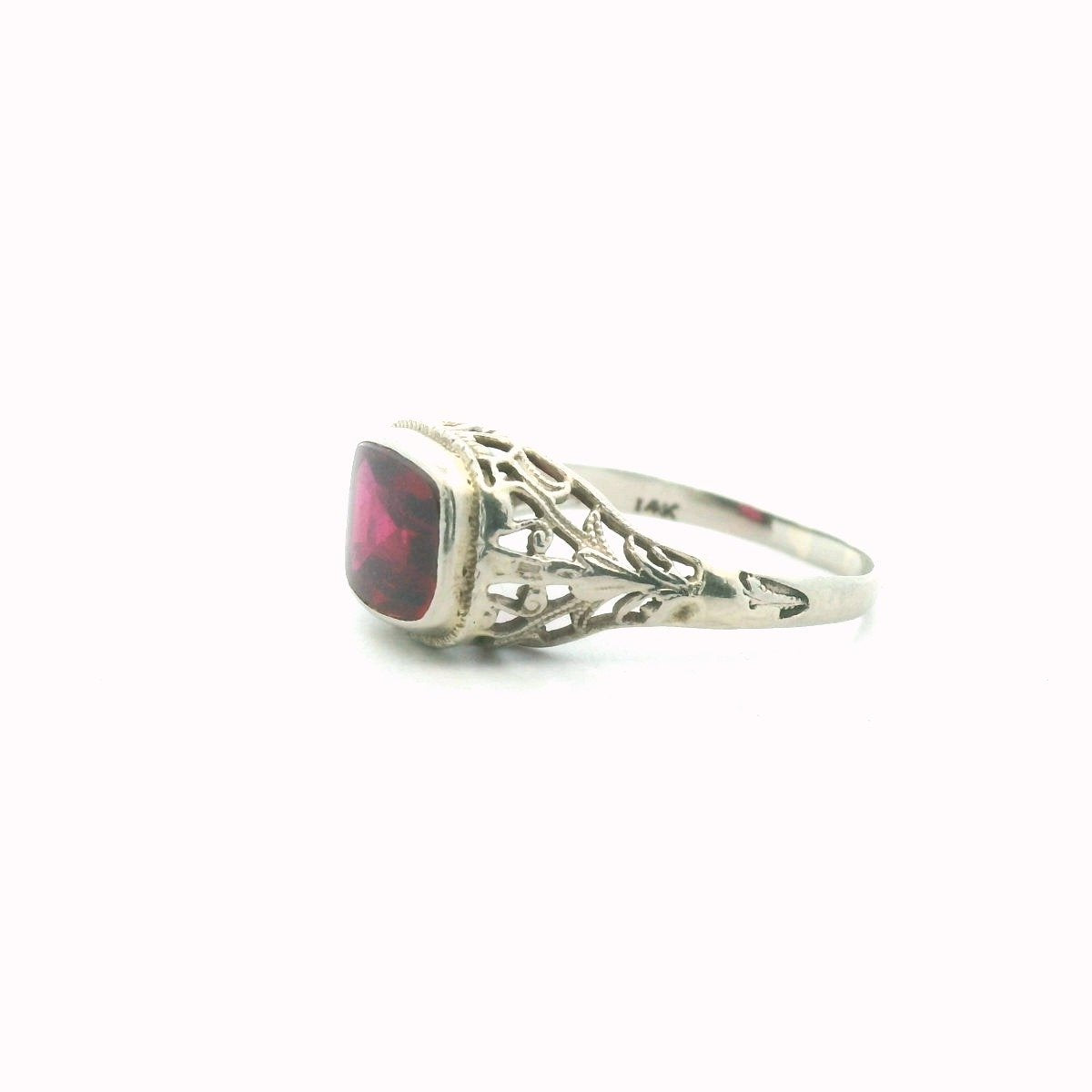 Antique 14K White Gold Lab Created Ruby Filigree Ring
