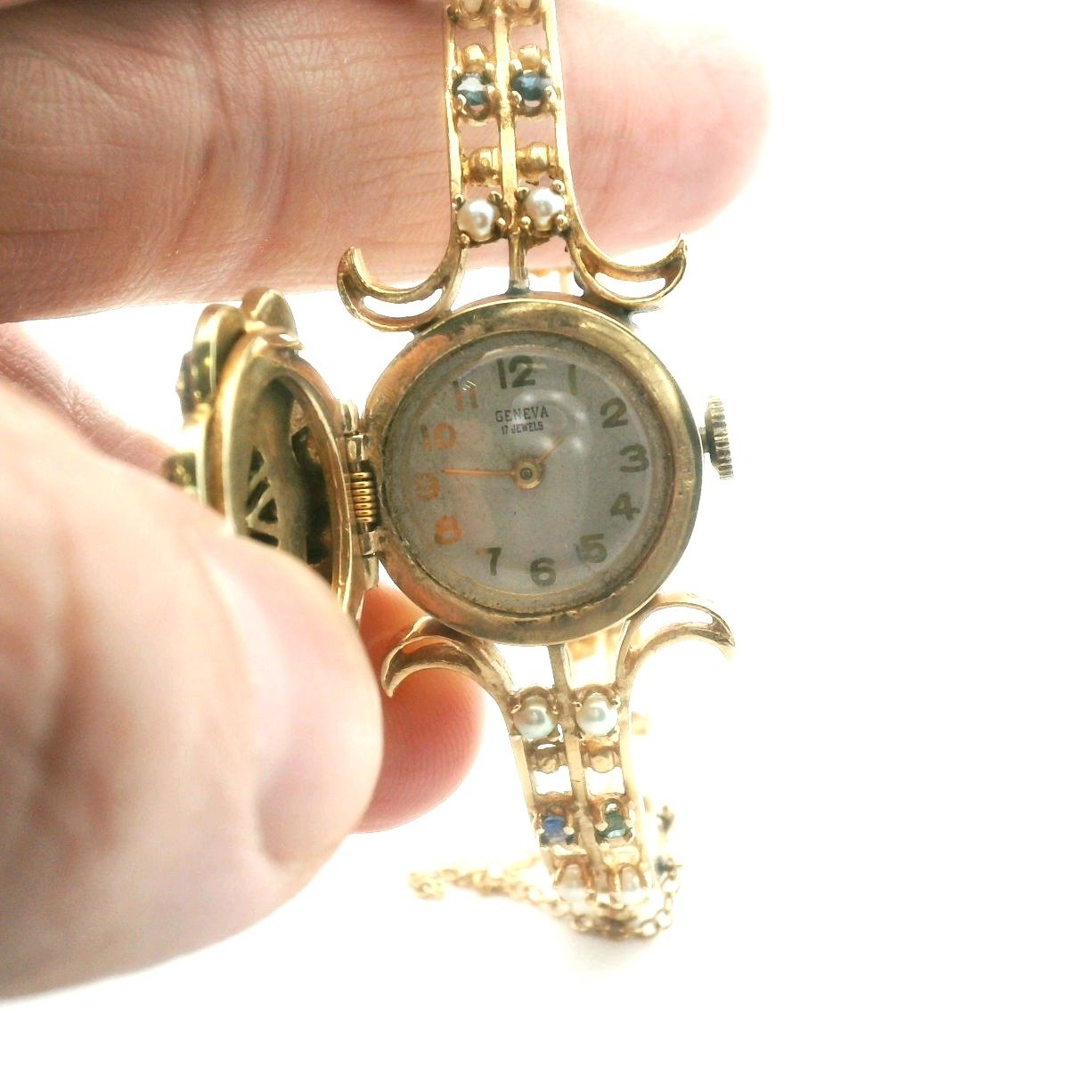 Vintage 14K Yellow Gold Blue Enamel Diamond Sapphire Pearl Watch