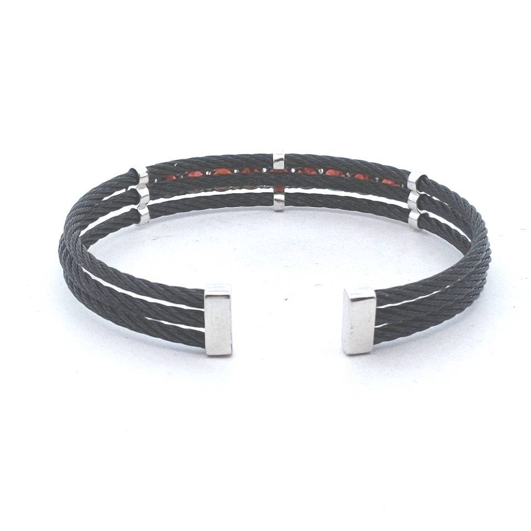 Designer Sterling Silver DK Black Steel Garnet Cuff Bangle