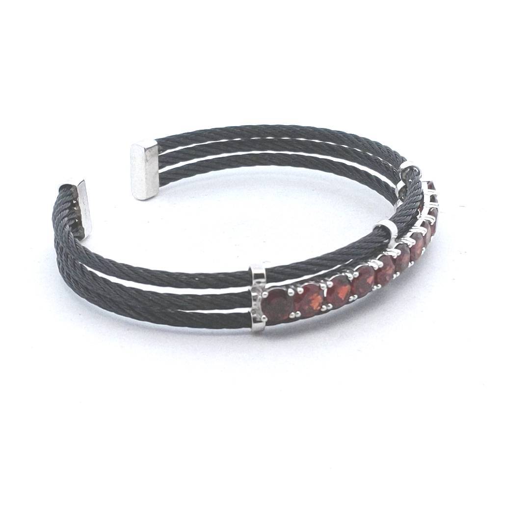Designer Sterling Silver DK Black Steel Garnet Cuff Bangle