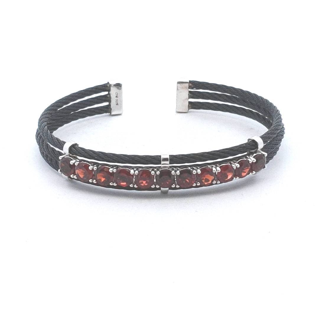 Designer Sterling Silver DK Black Steel Garnet Cuff Bangle