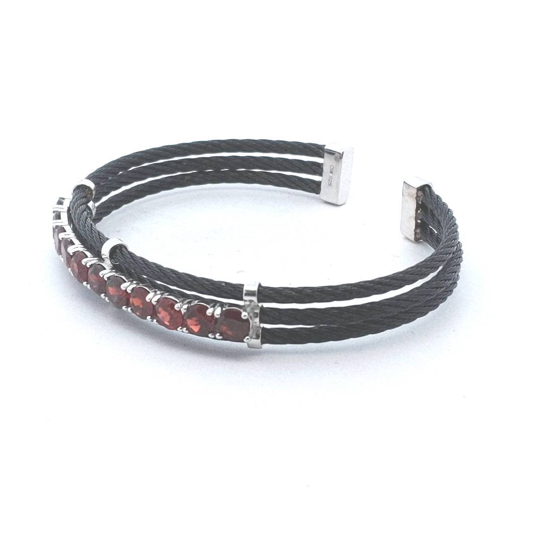 Designer Sterling Silver DK Black Steel Garnet Cuff Bangle