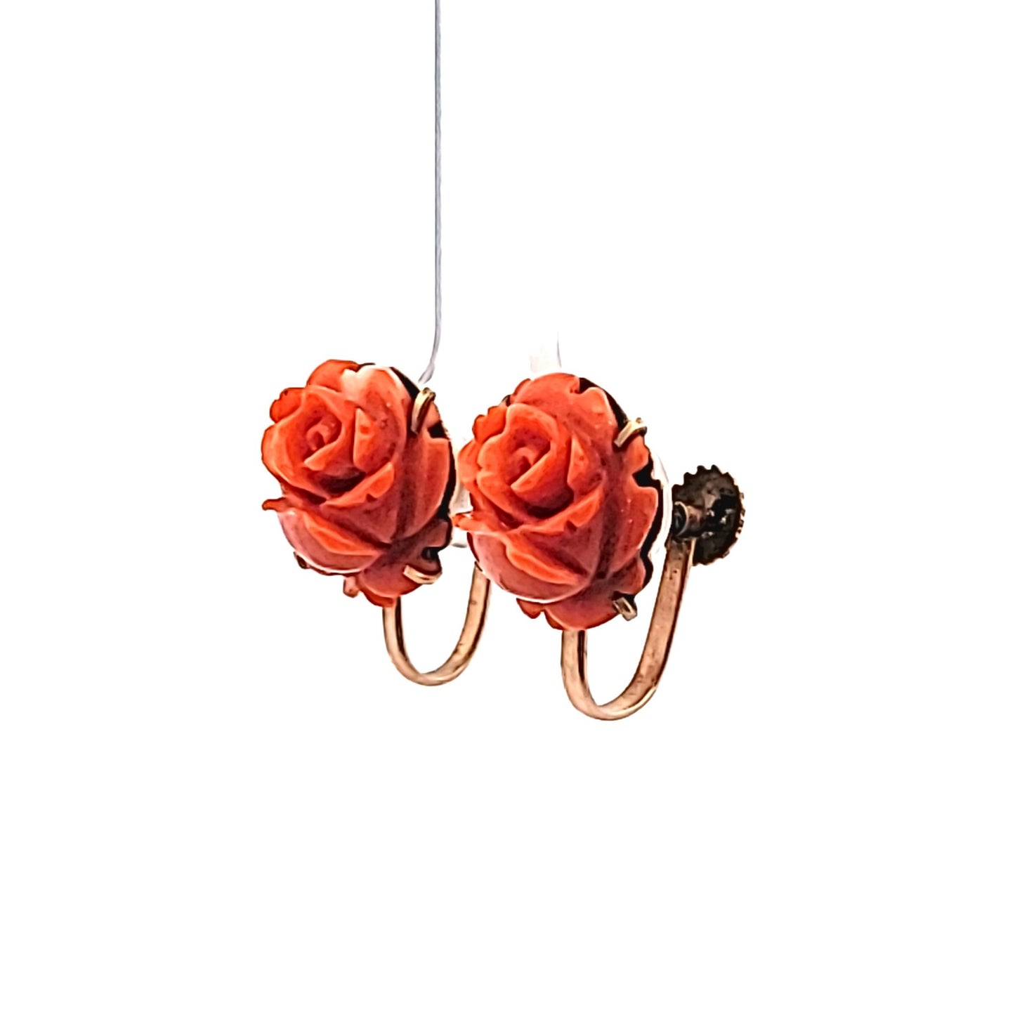 Antique 9K Yellow Gold Carved Coral Rose Screwback Earrings