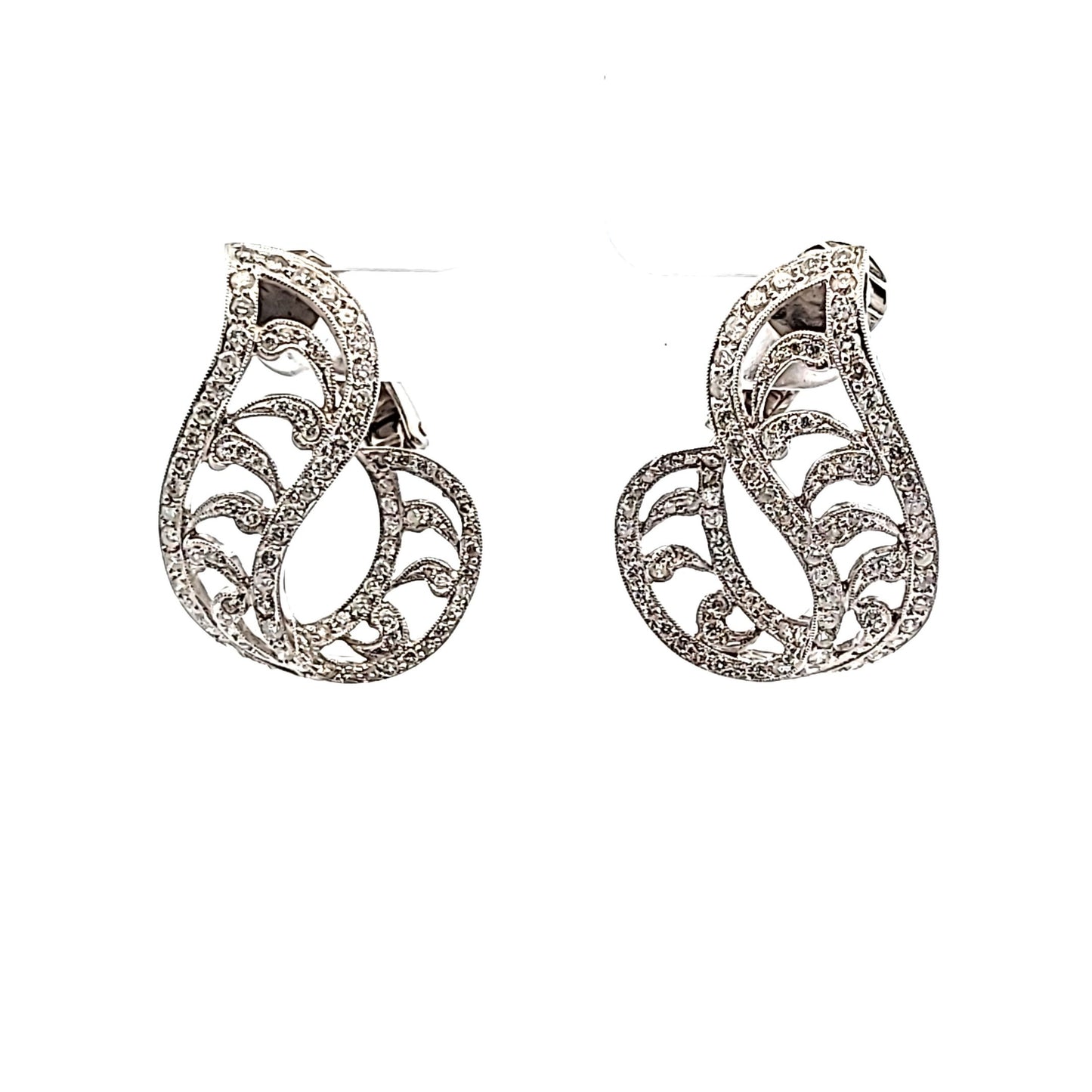 18K White Gold Diamond Ribbon Style Milgrain Design Earrings