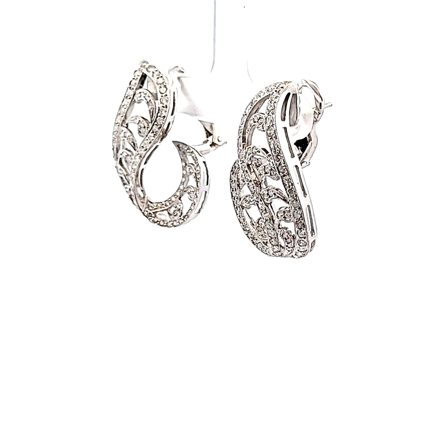 18K White Gold Diamond Ribbon Style Milgrain Design Earrings