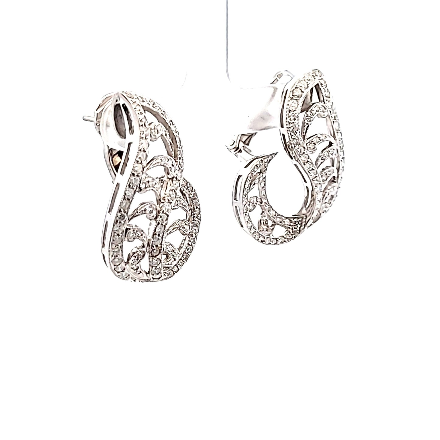 18K White Gold Diamond Ribbon Style Milgrain Design Earrings