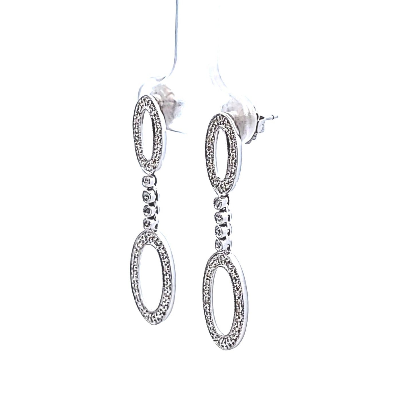 14K White Gold Diamond Oval Drop Earrings