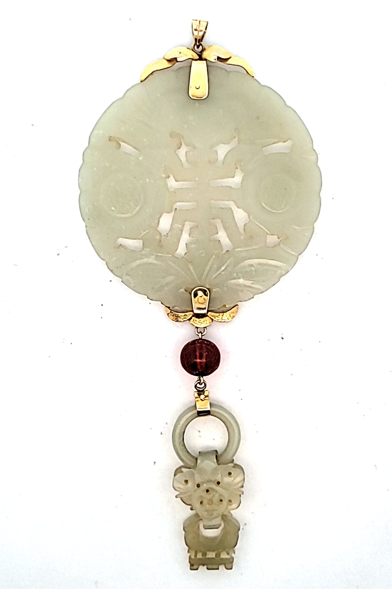 Large 10K Yellow Gold Carved Celadon Jade & Amber Bead Pendant