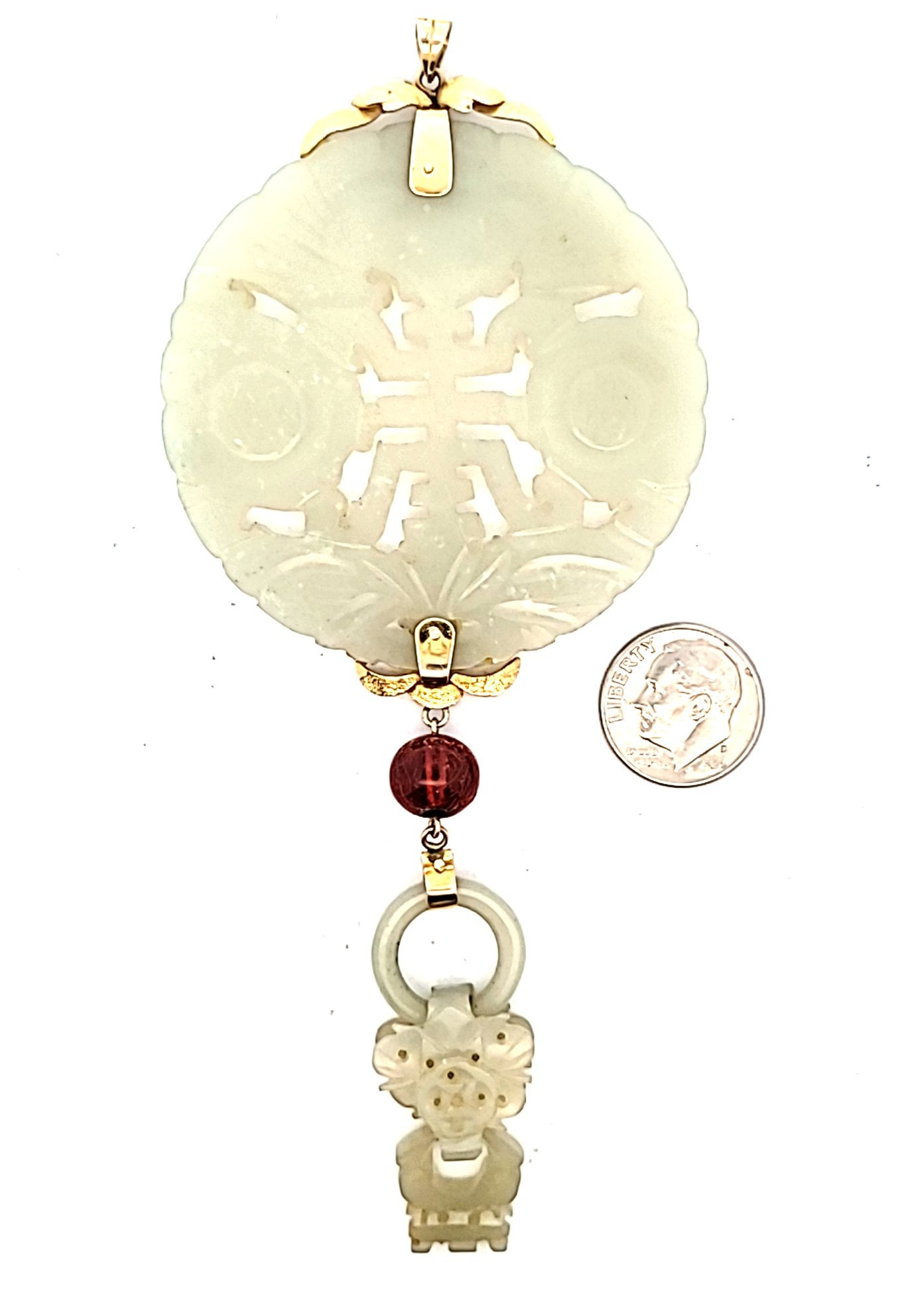 Large 10K Yellow Gold Carved Celadon Jade & Amber Bead Pendant
