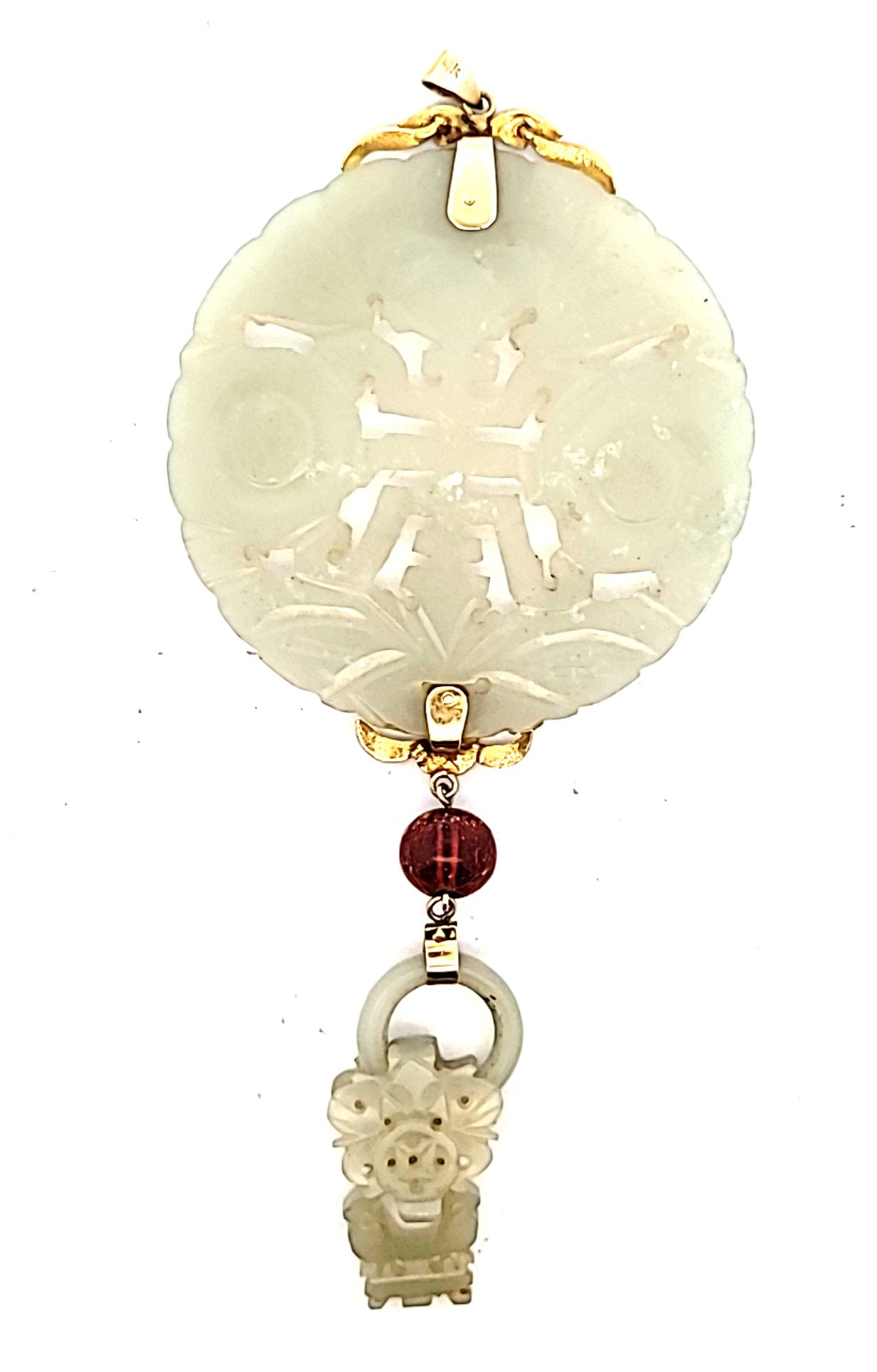 Large 10K Yellow Gold Carved Celadon Jade & Amber Bead Pendant