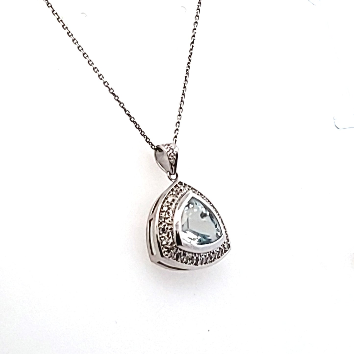14K White Gold Diamond & Trillion Cut Aquamarine Necklace