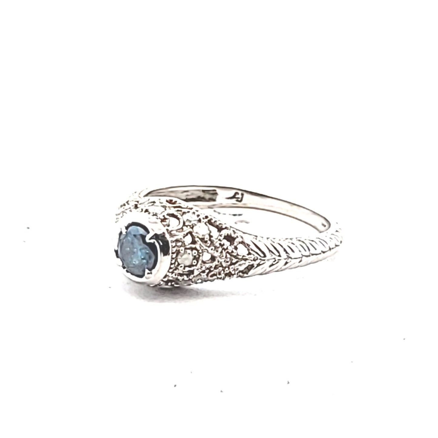 14K White Gold Irradiated Blue & White Diamond Milgrain Ring