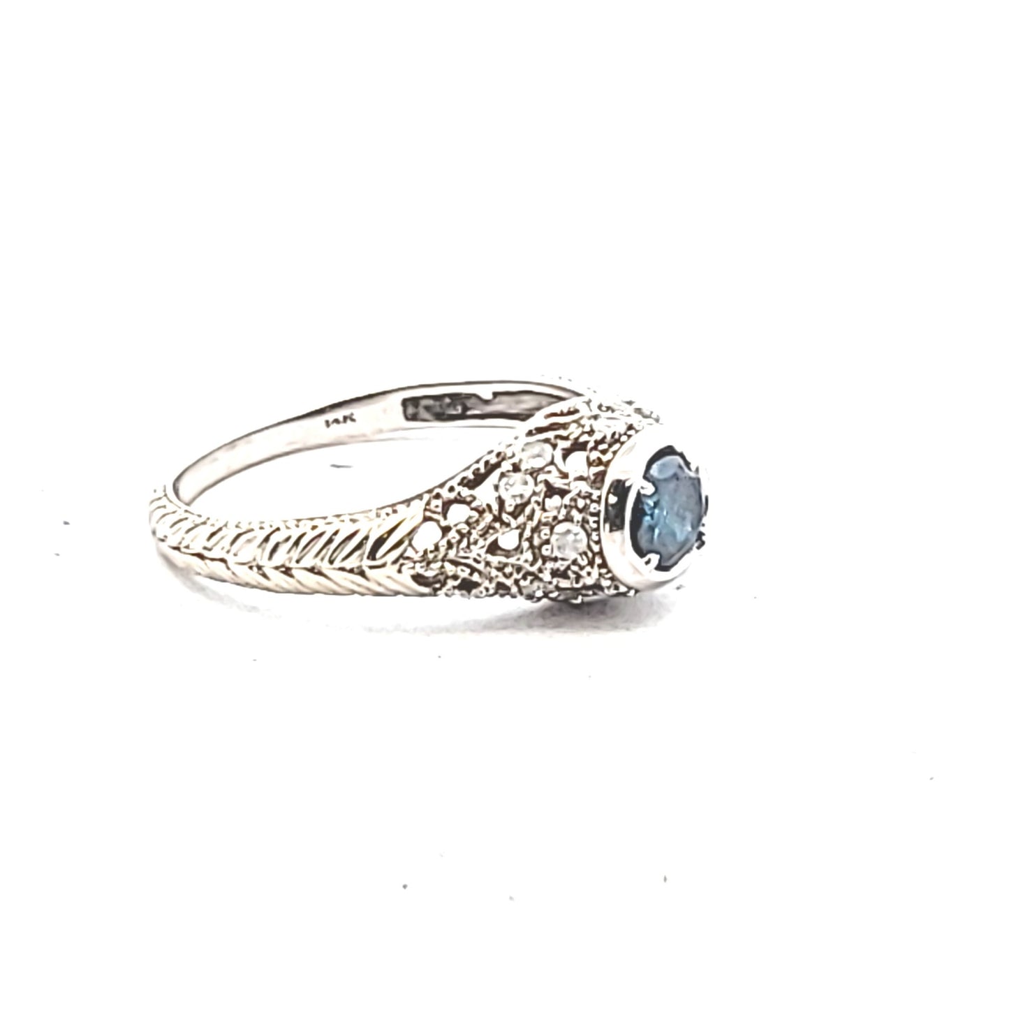 14K White Gold Irradiated Blue & White Diamond Milgrain Ring