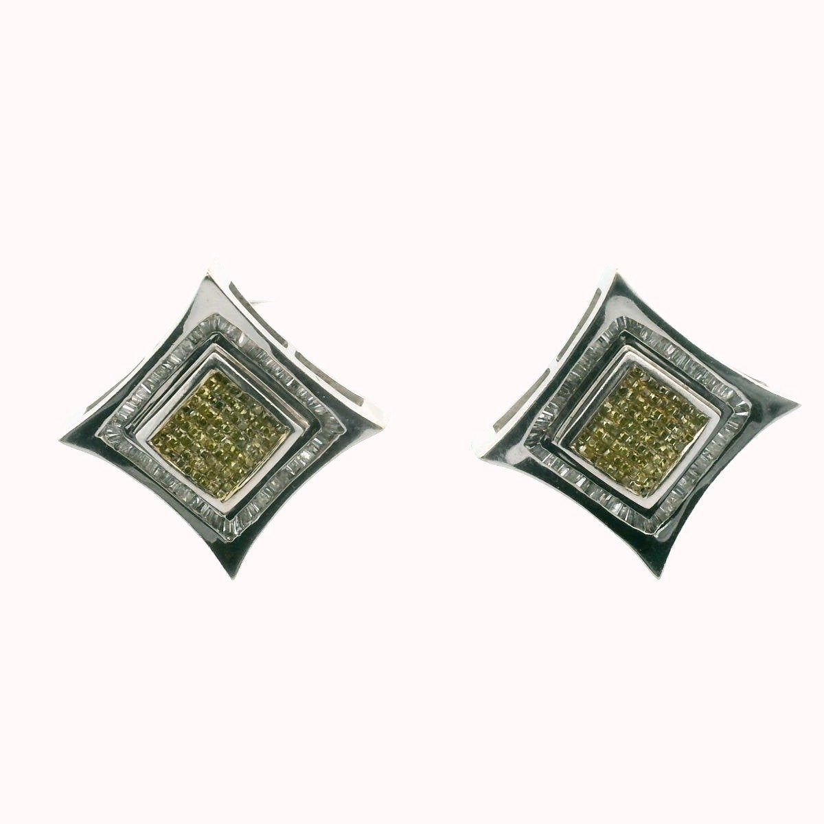 14K White Gold Yellowish Green & White Diamond Earrings