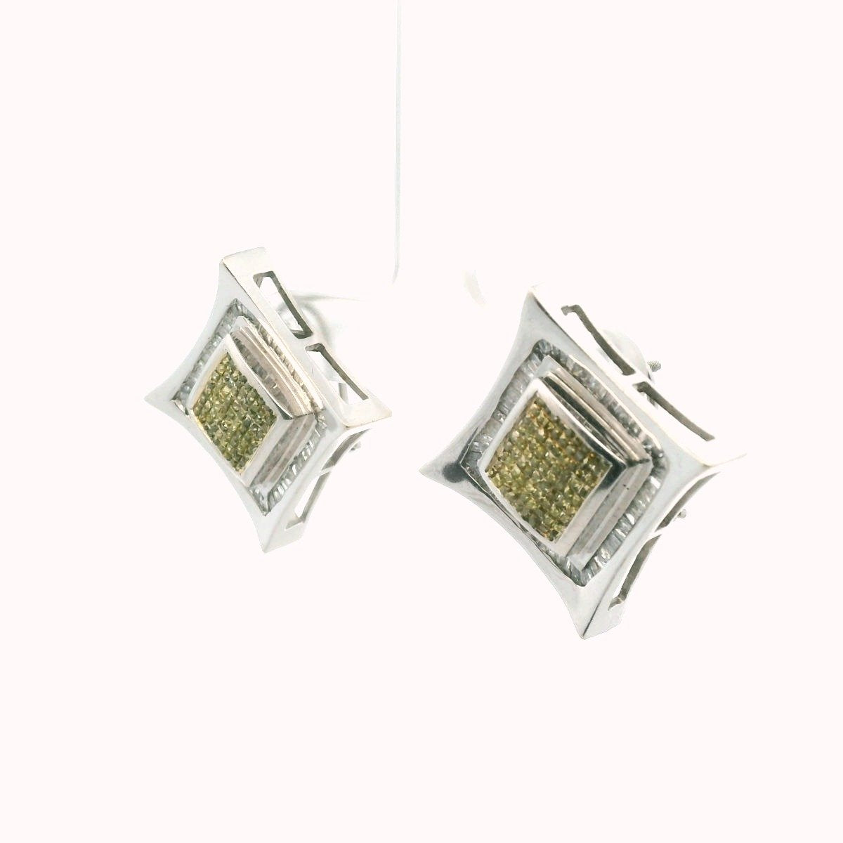14K White Gold Yellowish Green & White Diamond Earrings