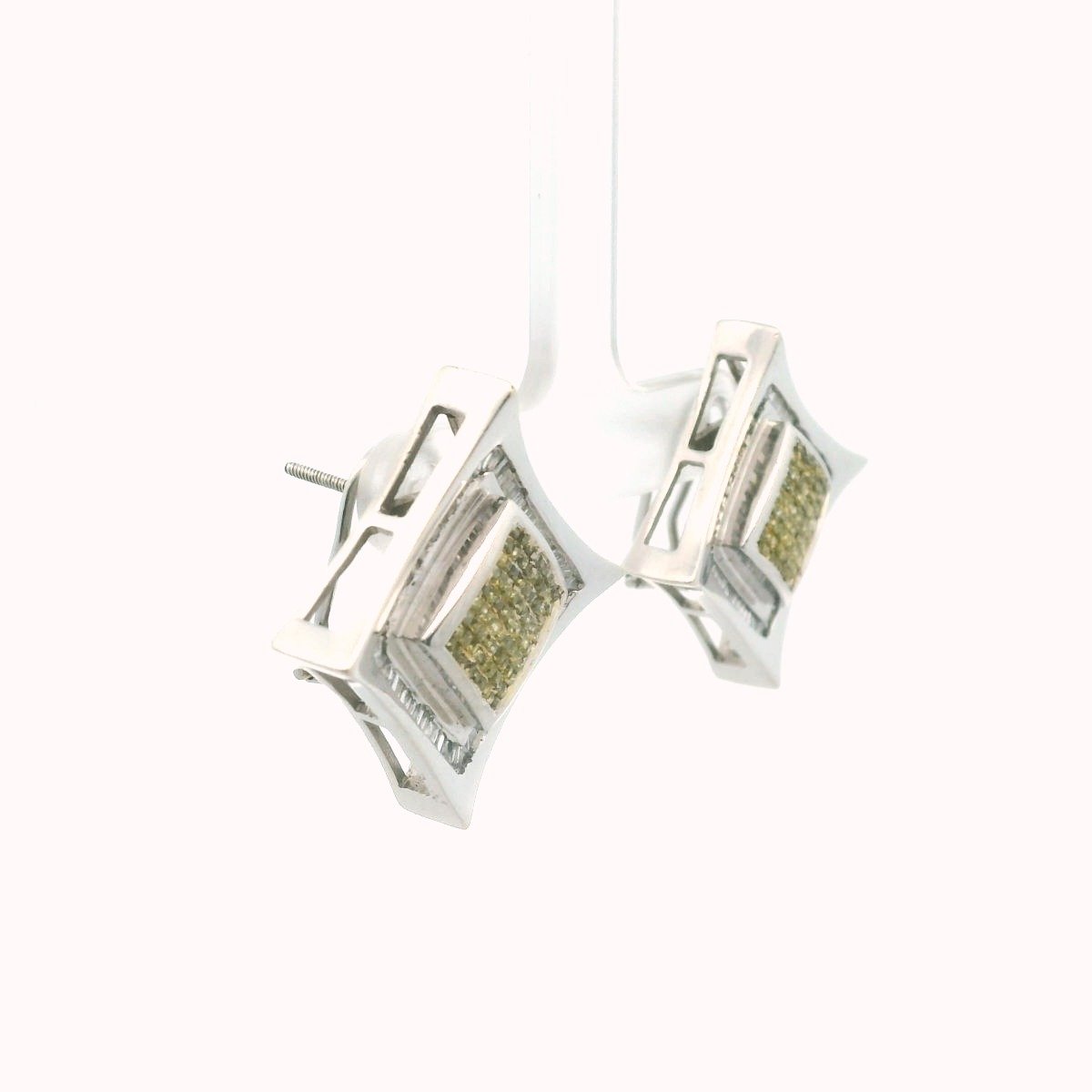 14K White Gold Yellowish Green & White Diamond Earrings