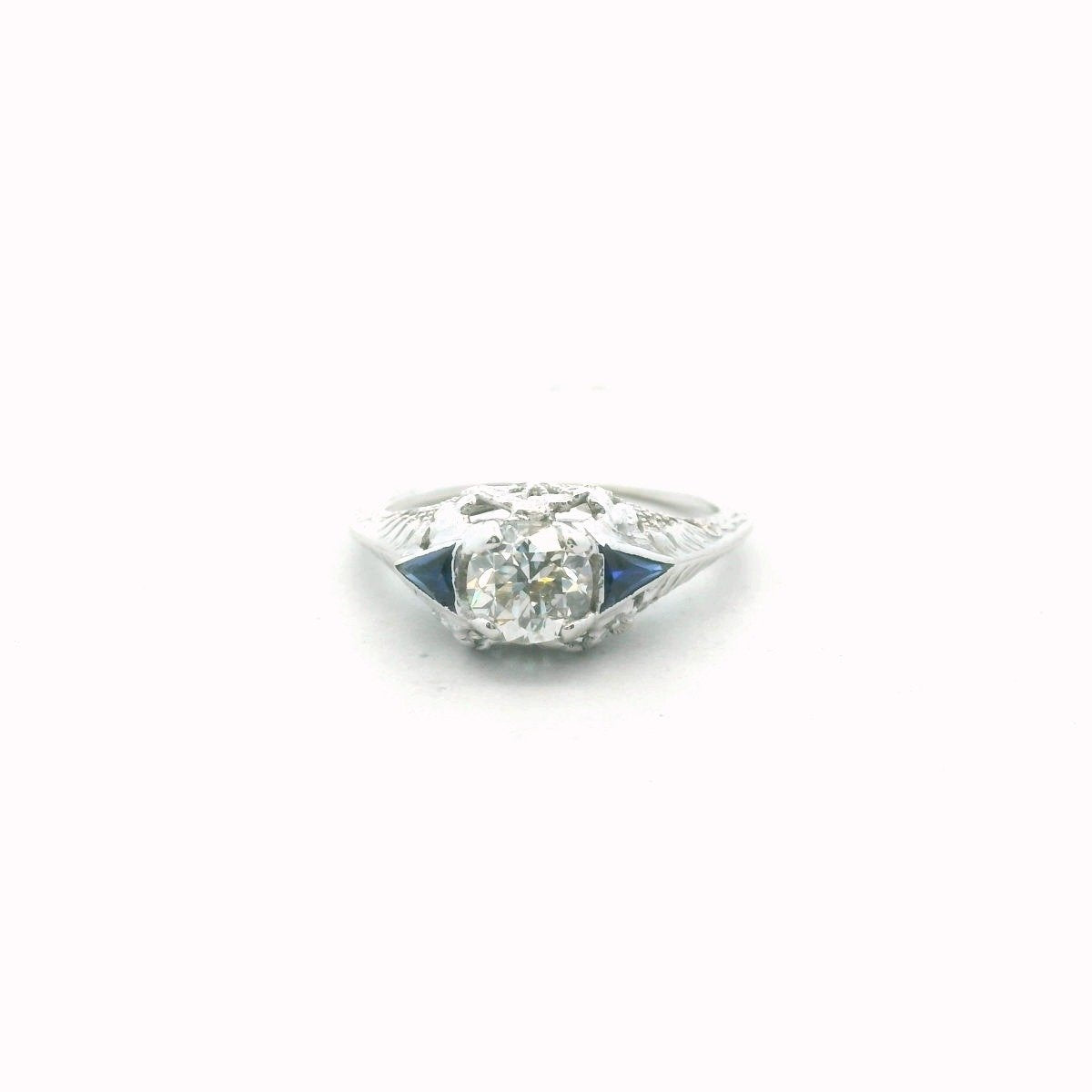 Antique 18K White Gold Natural Diamond & Lab Created Sapphire Ring