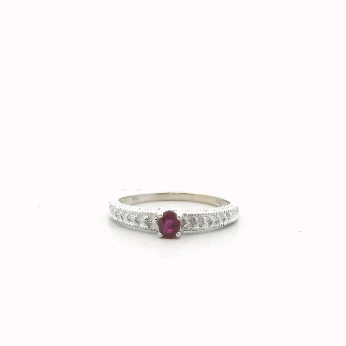 14K White Gold Ruby Carved Milgrain Accent Ring