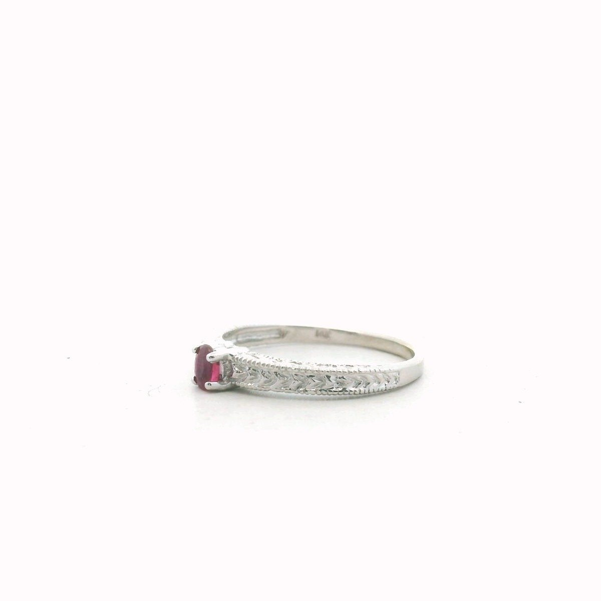 14K White Gold Ruby Carved Milgrain Accent Ring
