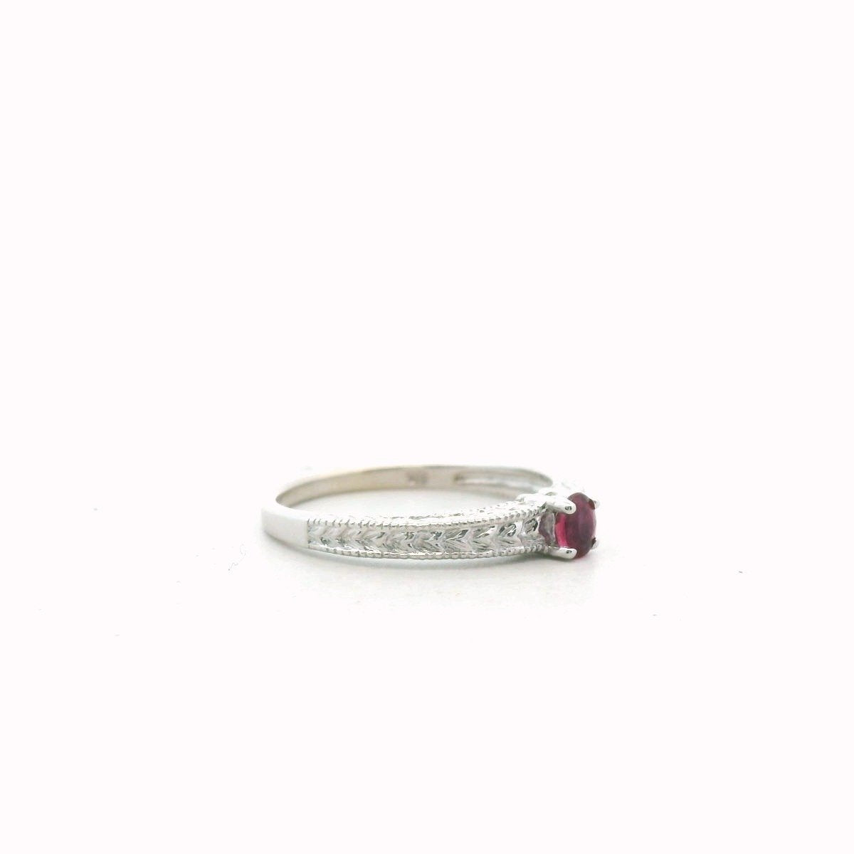 14K White Gold Ruby Carved Milgrain Accent Ring