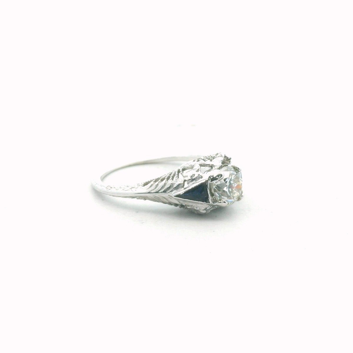 Antique 18K White Gold Natural Diamond & Lab Created Sapphire Ring