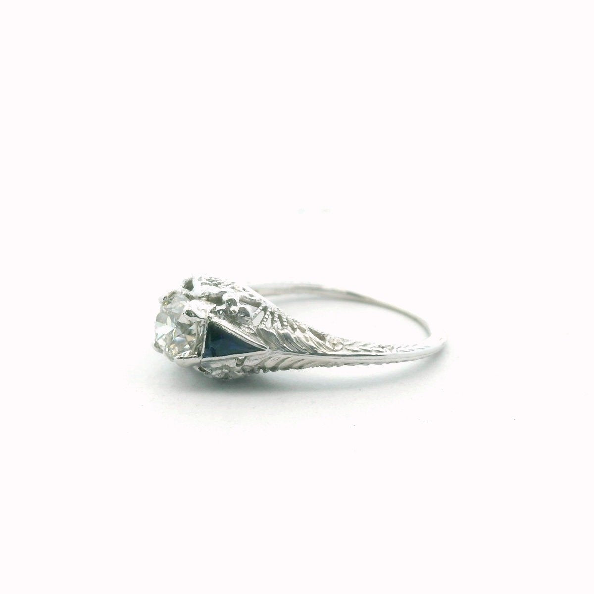 Antique 18K White Gold Natural Diamond & Lab Created Sapphire Ring