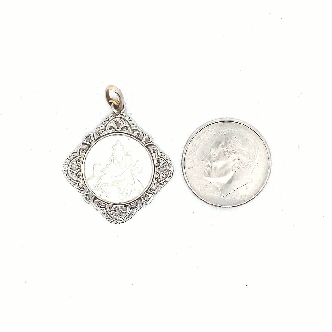 18K Yellow Gold Platinum Diamond Mother of Pearl Mother Mary & Child Pendant