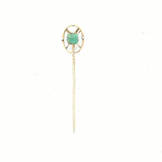 Antique 18K Yellow Gold Natural Emerald Stick Pin