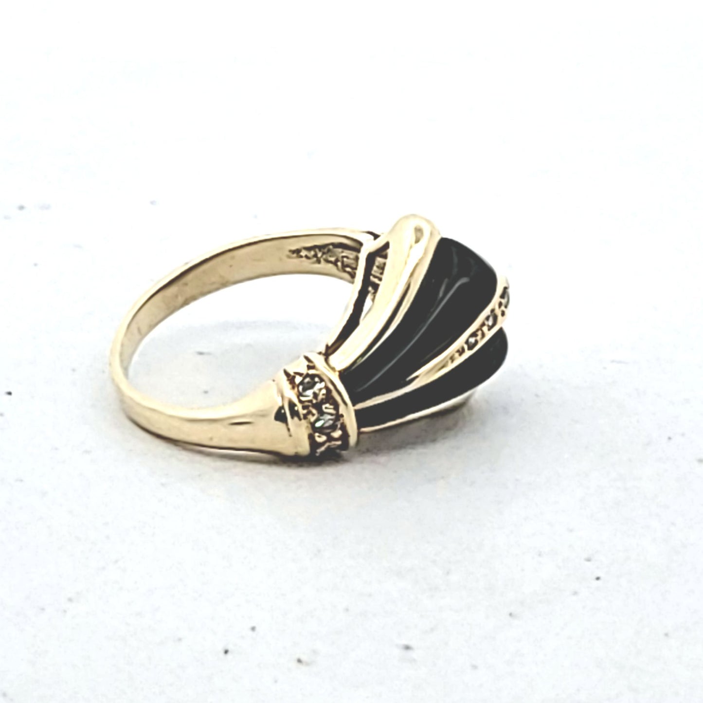 Vintage 14K Yellow Gold Abstract Asymatrical Diamond & Onyx Ring