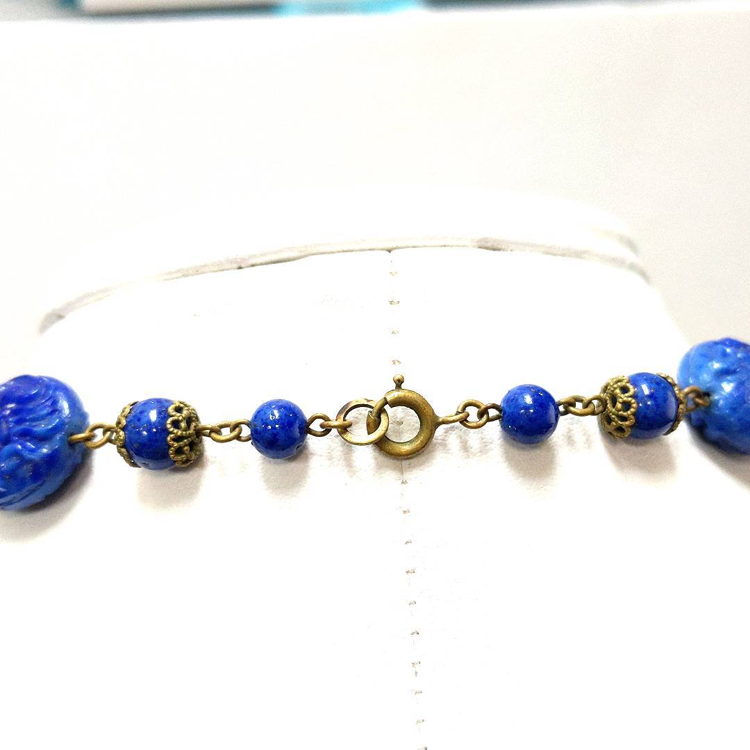 Antique $80 Czech Blue Costume Base Metal Glass Bead Necklace