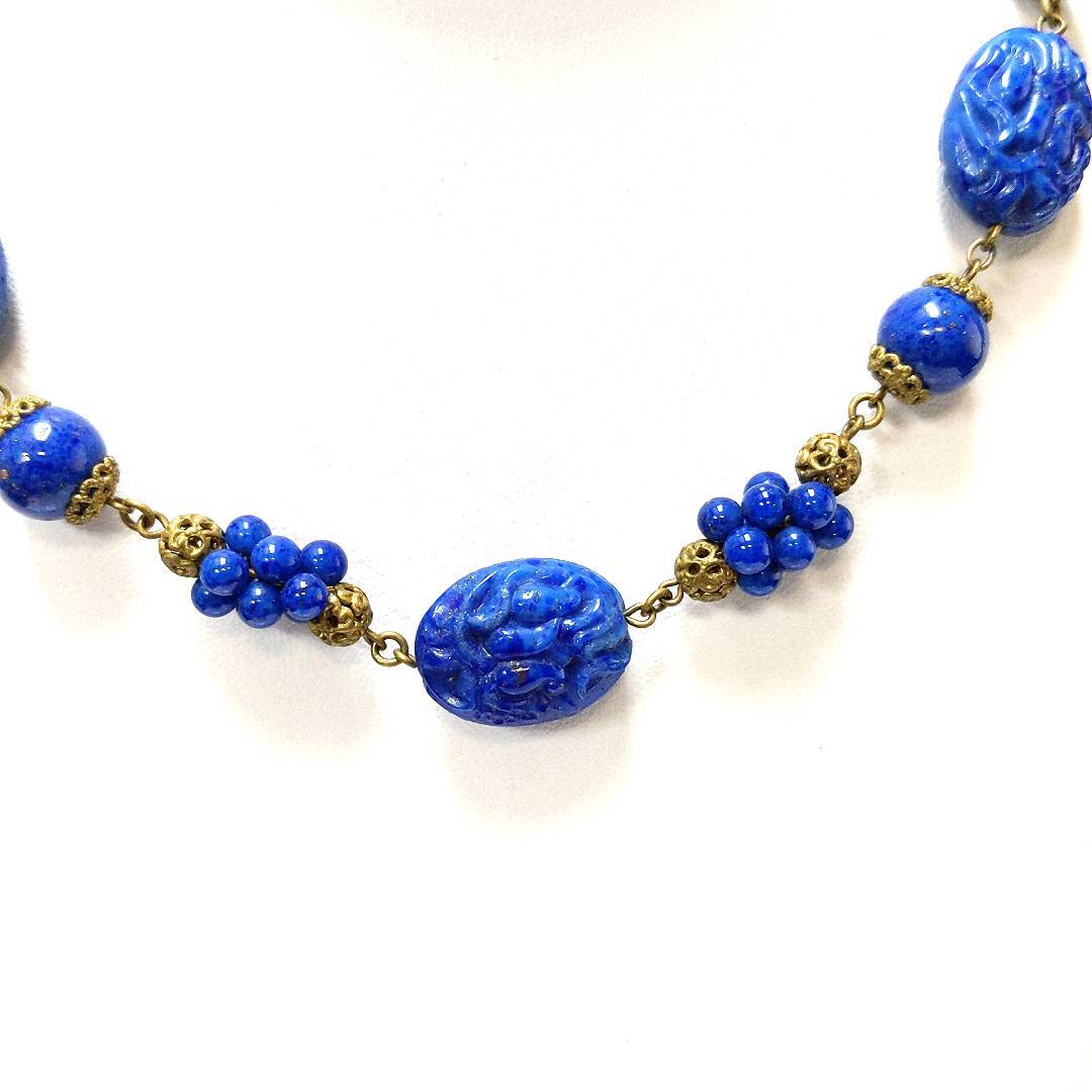 Antique $80 Czech Blue Costume Base Metal Glass Bead Necklace