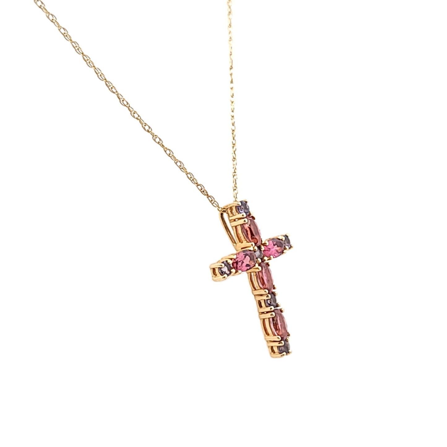 14K Yellow Gold 14K Yellow Gold Pink Tourmaline & Iolite Cross Necklace