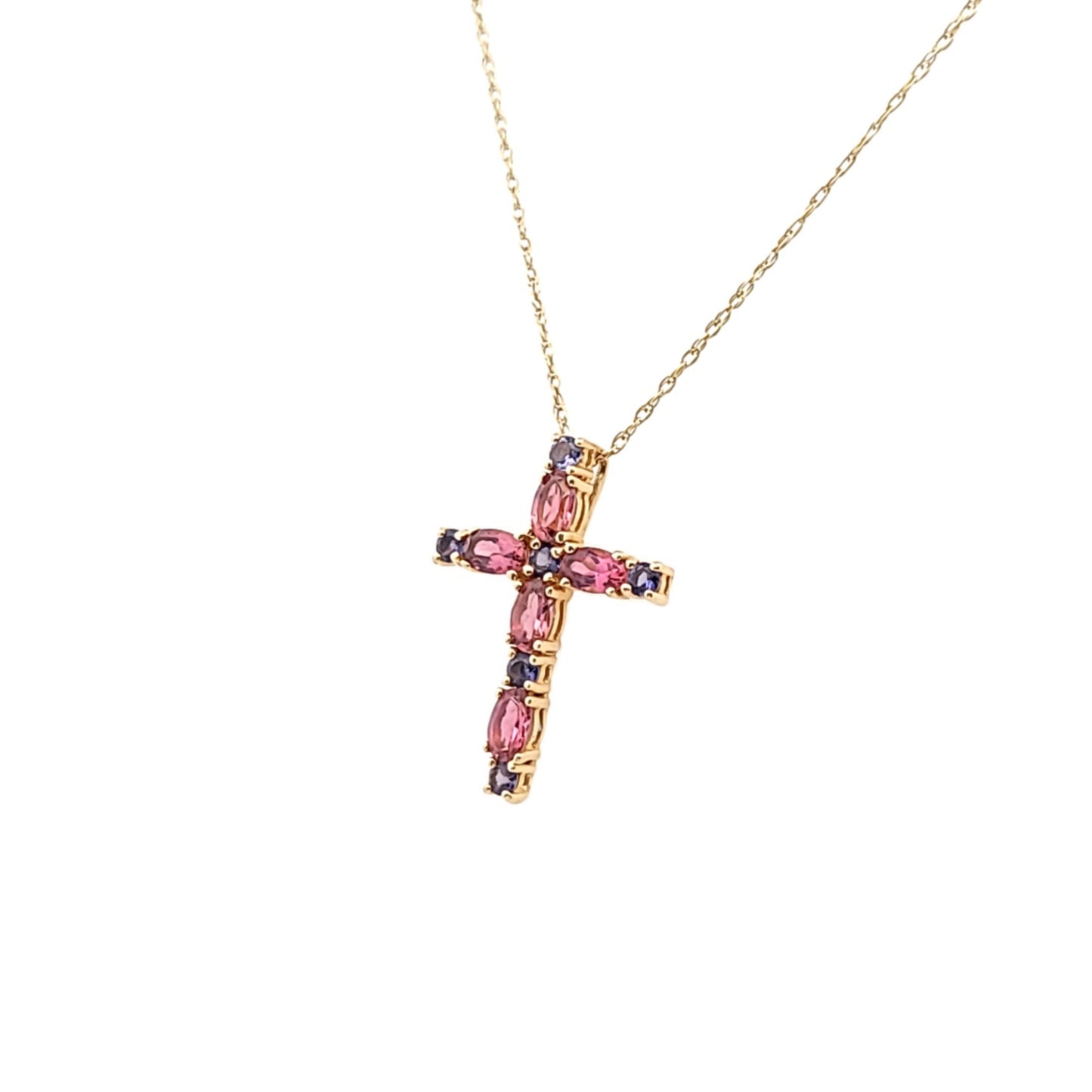 14K Yellow Gold 14K Yellow Gold Pink Tourmaline & Iolite Cross Necklace