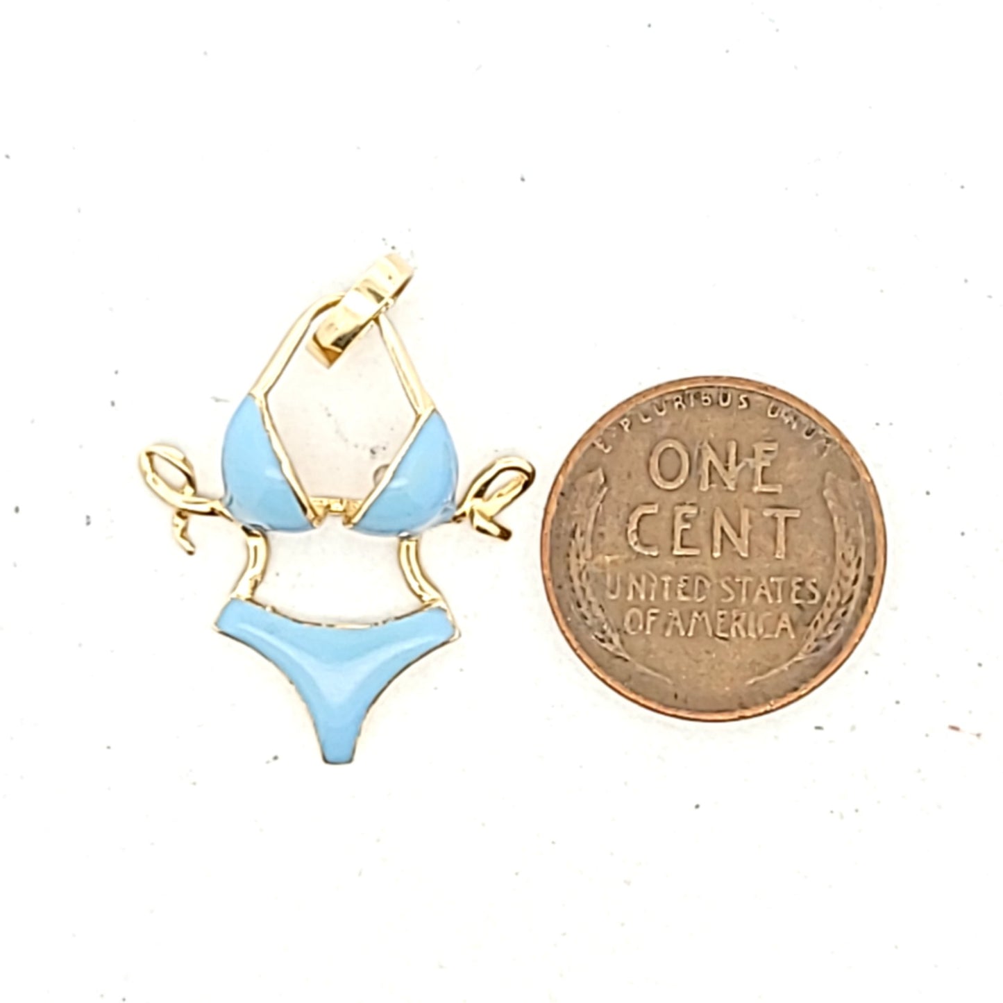 14K Yellow Gold Blue Enamel Bikini Swim Suit Pendant