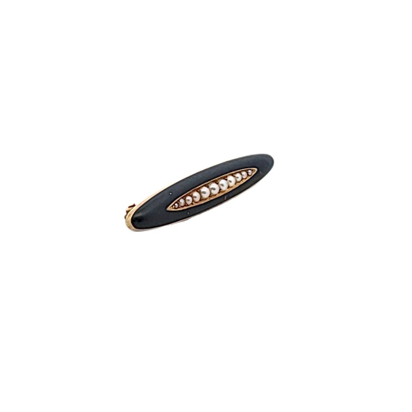Antique Victorian 14K Yellow Gold Pearl & Black Enamel Lingere Pin