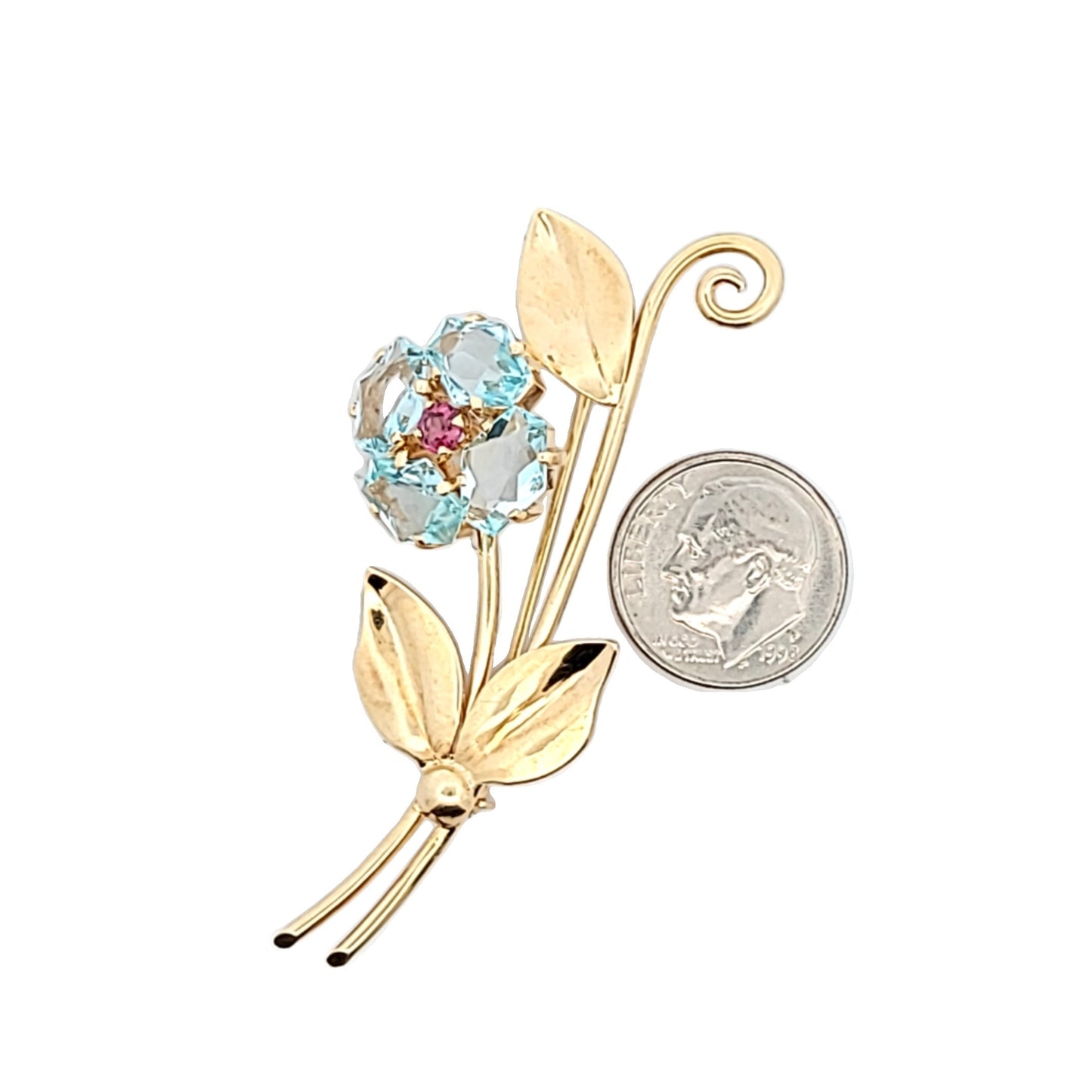 Retro 14K Yellow Gold Aquamarine & Garnet Flower Brooch