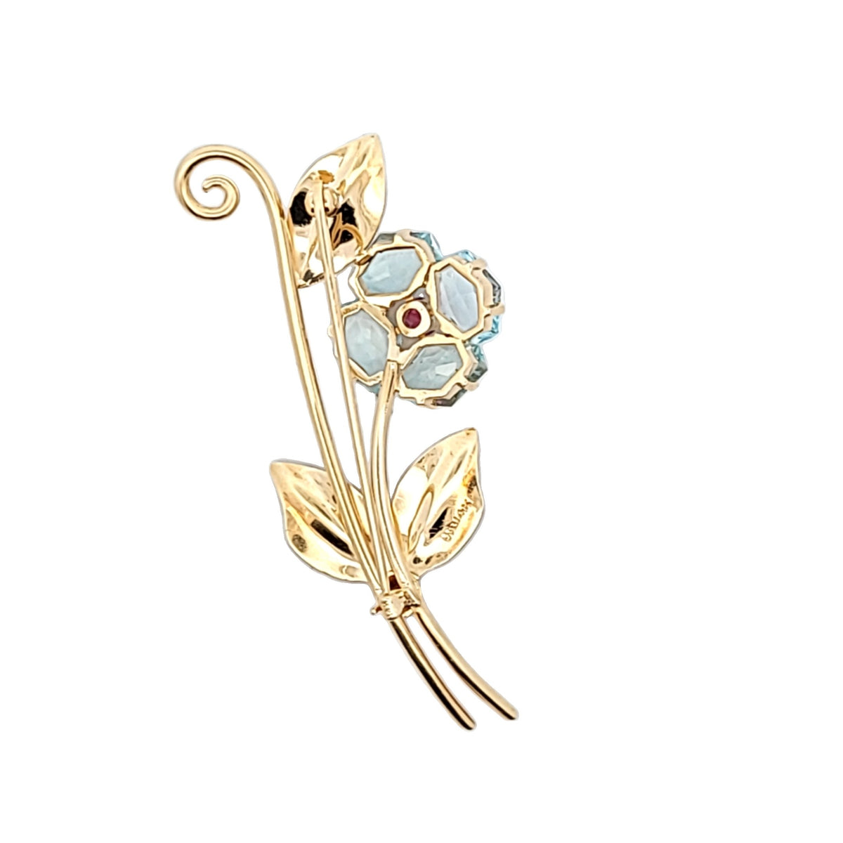 Retro 14K Yellow Gold Aquamarine & Garnet Flower Brooch