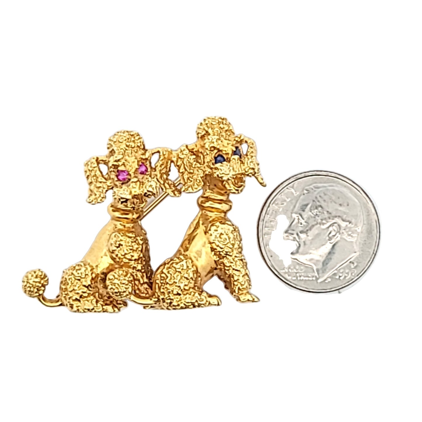 Vintage Davide Molina 18K Yellow Gold Ruby & Sapphire Poodle Brooch