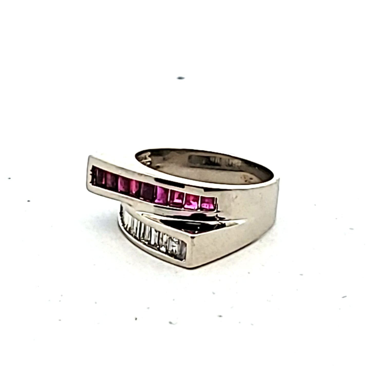 Modern 14K White Gold Baguette Diamond & Ruby Bypass Ring