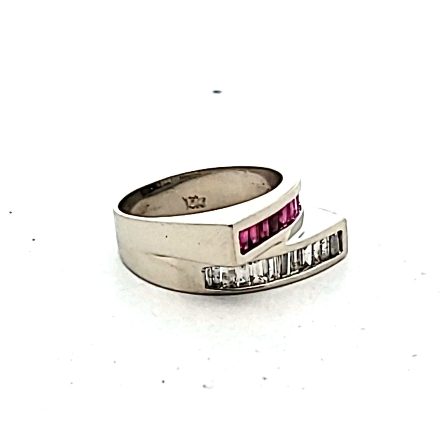 Modern 14K White Gold Baguette Diamond & Ruby Bypass Ring