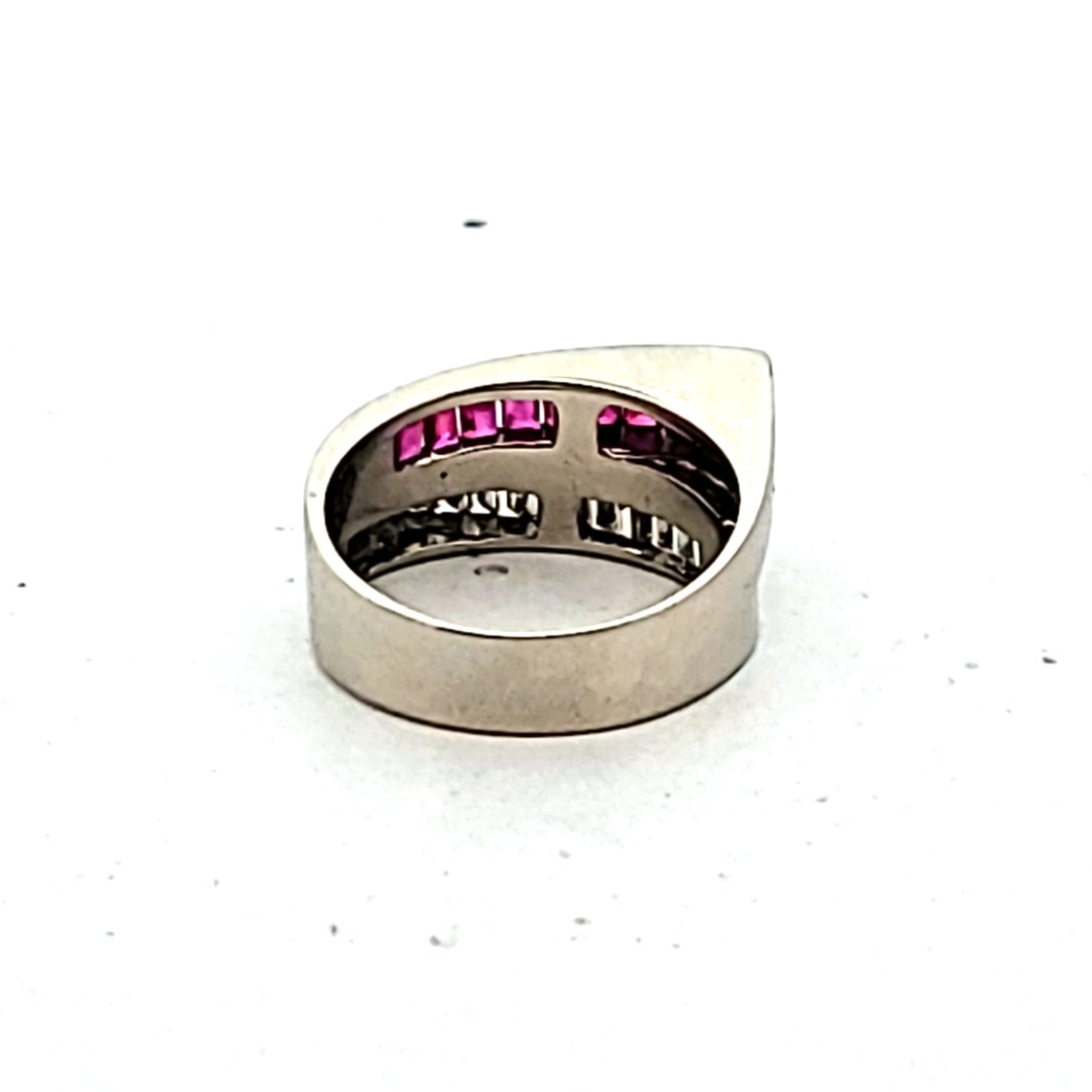 Modern 14K White Gold Baguette Diamond & Ruby Bypass Ring