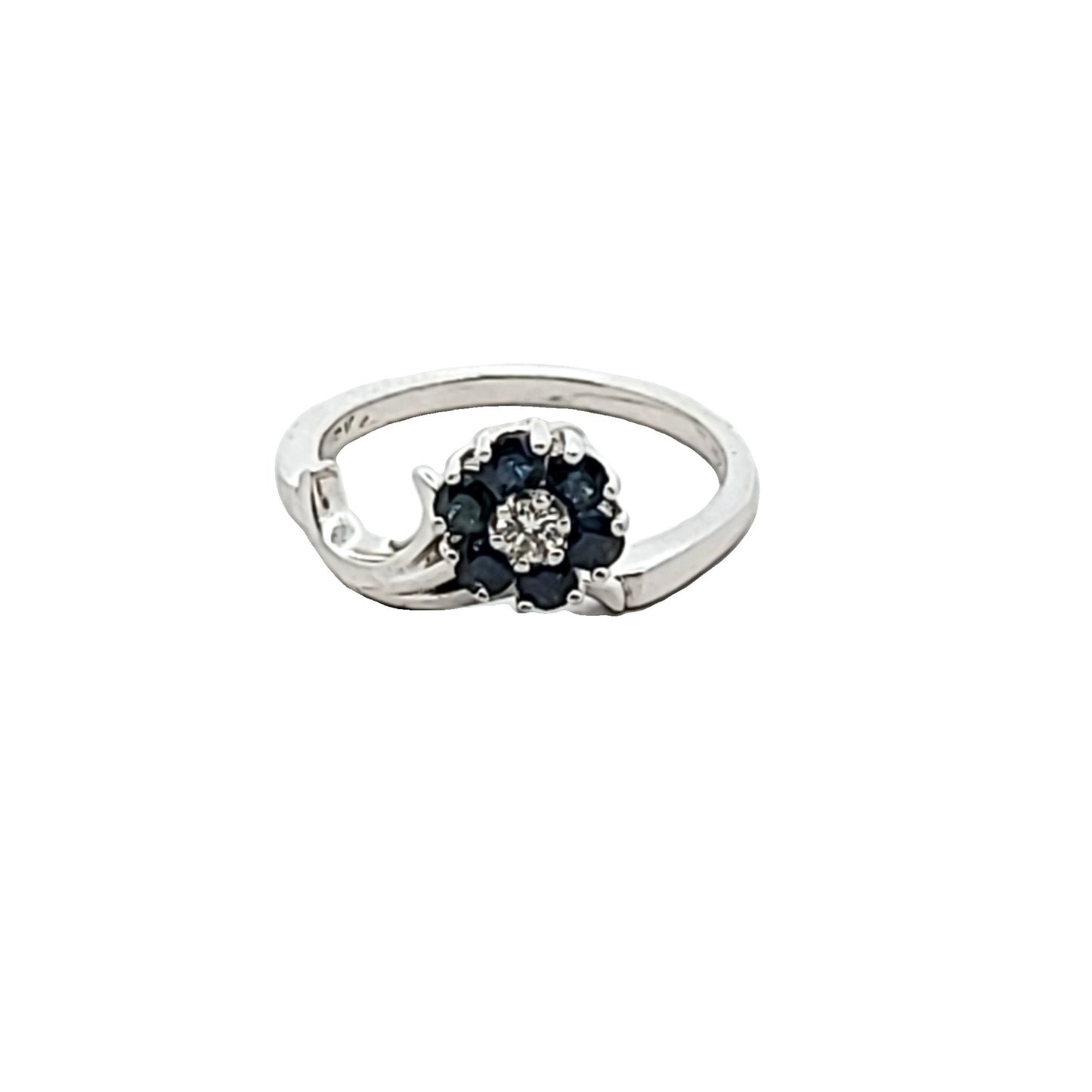 Vintage 18K White Gold Diamond & Sapphire Flower Ring