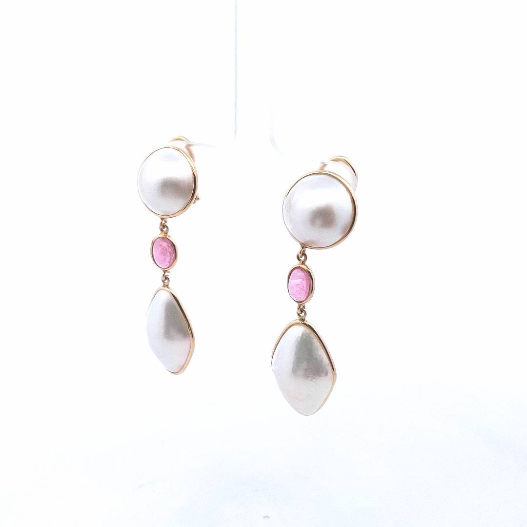 Vintage $790 14K Yellow Gold Mabe Pearl Pink Tourmaline Drop Earrings