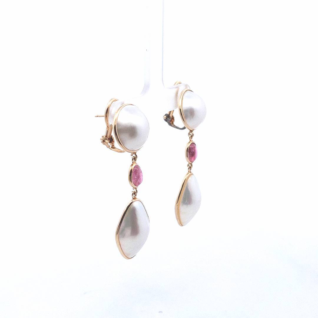 Vintage $790 14K Yellow Gold Mabe Pearl Pink Tourmaline Drop Earrings