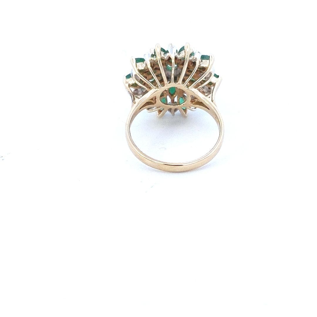 Estate $900 14K Two Tone Gold Emerald & Diamond Cluster Cocktail Ring