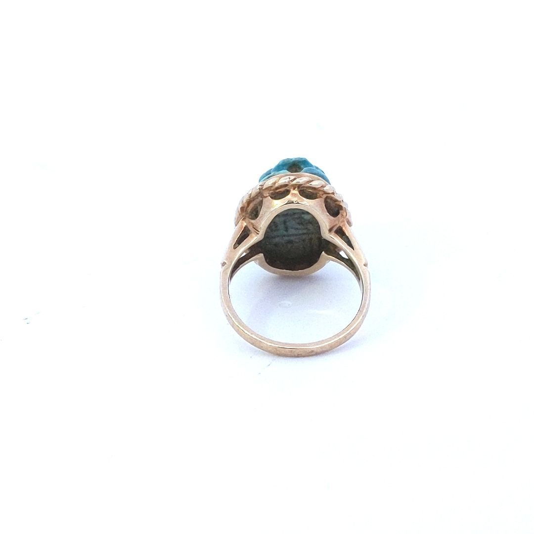 Estate $900 14K Yellow Gold Egyptian Faience Scarab Bead Ring