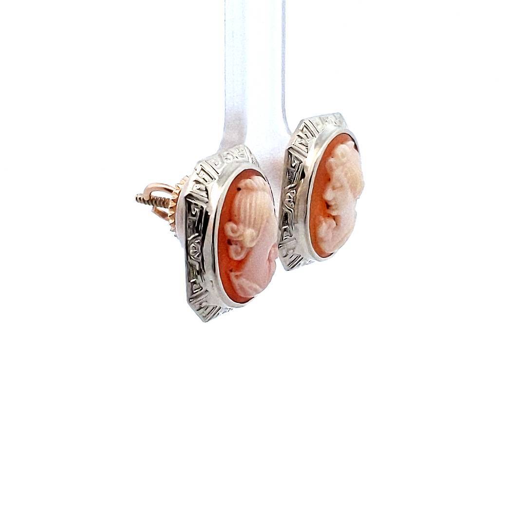 Vintage 14K White Gold Art Deco Cameo Screw Back Earrings