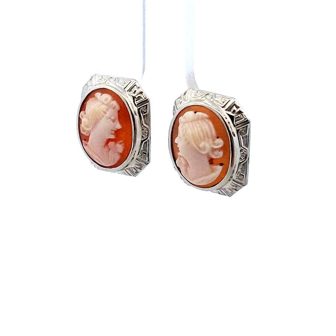 Vintage 14K White Gold Art Deco Cameo Screw Back Earrings