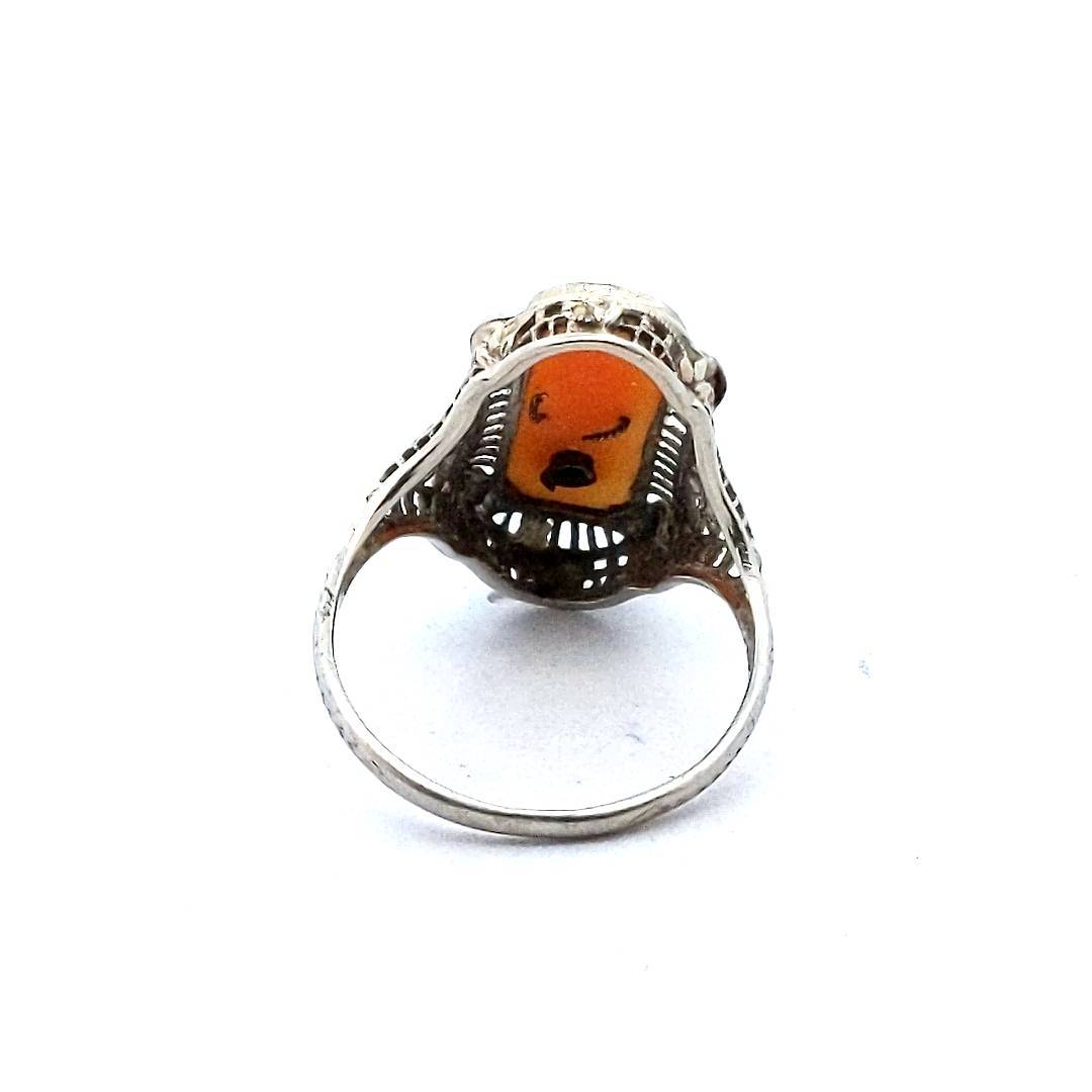 Antique $235 14K White Gold Edwardian Cameo Diamond Filigree Ring